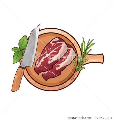 illustration of meat on a wooden cutting board alongside a knife and herbs illustration of meat on a wooden cutting board alongside a knife and herbs 129579284