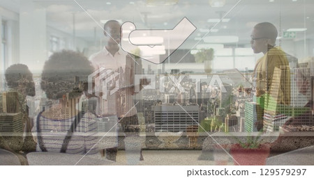 Image of diverse businesspeople in office over cityscape Image of diverse businesspeople in office over cityscape 129579297