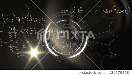Image of digital screen with data, processing circle and math formulas on black background Image of digital screen with data, processing circle and math formulas on black background 129579298