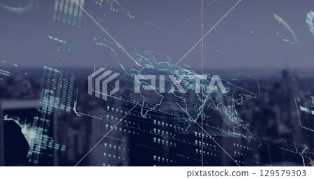 Image of world map, digital screen with data and cityscape Image of world map, digital screen with data and cityscape 129579303