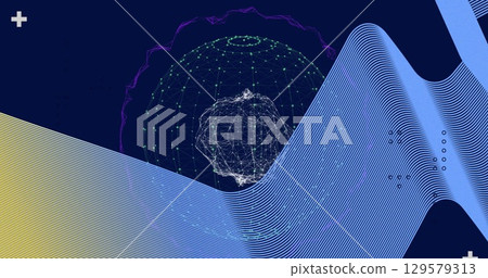 Image of abstract waves with connecting the dots pattern and globe 129579313