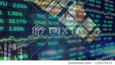 Displaying transparent digital stock ticker overlaying office, with line graph and window grid 129579315