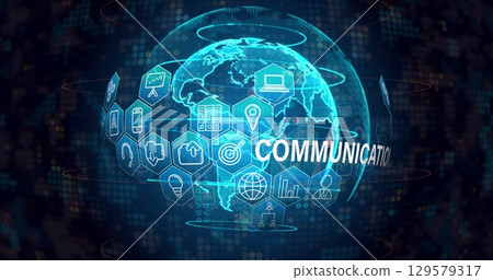 Image of communication text with icons over globe on black background 129579317