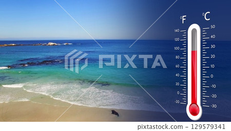 Image of digital thermometer over sea landscape 129579341