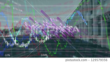 Image of financial graphs and globe over building 129579356