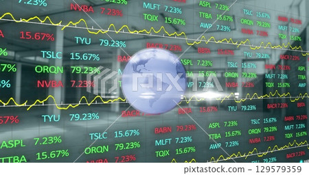 Image of financial graphs and globe over empty hall 129579359