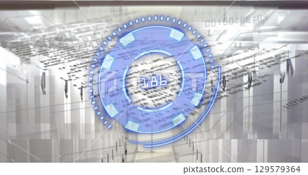 Image of blue circle with numbers over data and servers 129579364