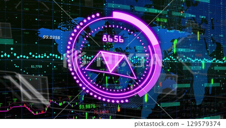 Image of purple circle with numbers over graphs and world map 129579374