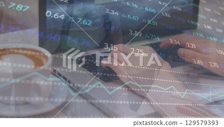 Image of financial data processing over caucasian woman using laptop 129579393