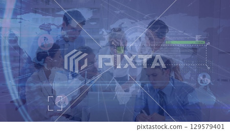 Image of profile icons, map over multiracial coworkers discussing and planning over laptop 129579401