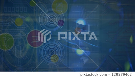 Image of tech icons and data on green digital screen 129579402