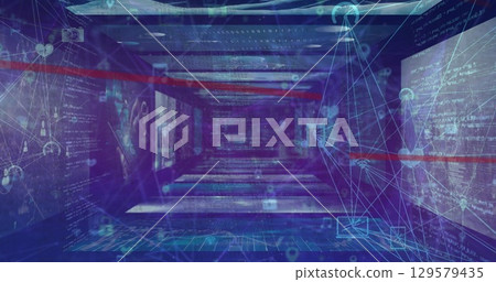 Image of digital screens with data processing and connections on navy background 129579435