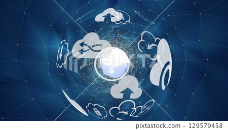 Image of globe with clouds and tech icons over digital space with connections 129579458