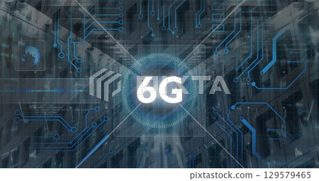 Hovering glowing 6G symbol inside luminescent ring in server aisle, with circuit nodes 129579465
