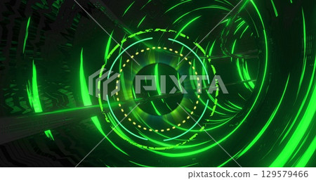 Image of processing circle over black screen with tunnel made of green circles 129579466