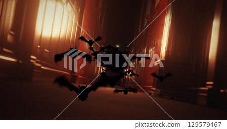 Image of bats flying over scary narrow corridor 129579467
