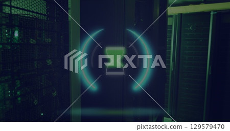 Image of neon circle with hourglass over servers Image of neon circle with hourglass over servers 129579470