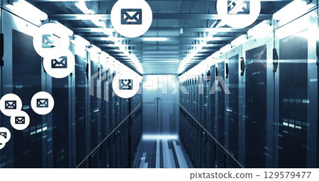 Image of email icons over computer servers Image of email icons over computer servers 129579477