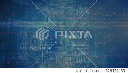 Image of digital padlock with integrated circuit over data processing on navy screen 129579485