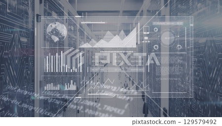 Image of digital screen with and data processing over servers 129579492