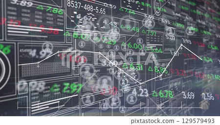 Image of numbers, world map, user icons and financial data on digital screen Image of numbers, world map, user icons and financial data on digital screen 129579493