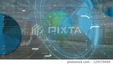 Image of scope scanning over globe, financial data processing and warehouse 129579494