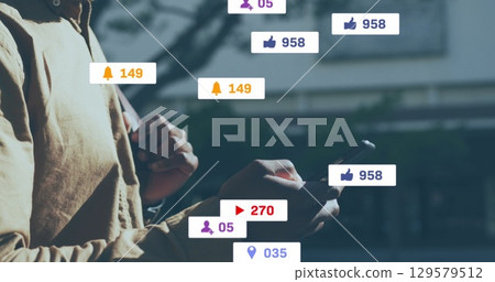 Image of social media icons and numbers over speech sick emojis with sick emojis and social media Image of social media icons and numbers over speech sick emojis with sick emojis and social media 129579512