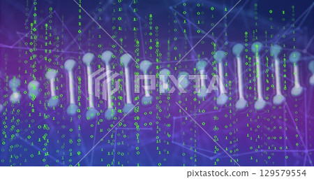 Image of dna strand spinning over network of connections with icons 129579554