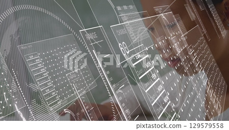 Image of data processing over asian schoolgirl using laptop 129579558