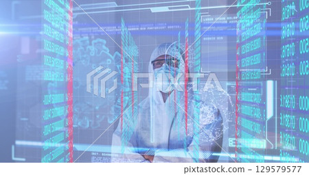 Image of data processing with virus cells over caucasian male doctor 129579577
