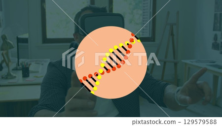 Image of dna structure spinning over caucasian man wearing vr headset at office 129579588