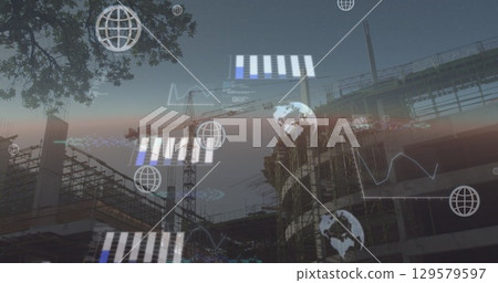 Image of globes and data processing on graphs and charts over city construction site Image of globes and data processing on graphs and charts over city construction site 129579597
