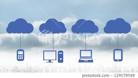 Image of clouds with electronic devices over cityscape Image of clouds with electronic devices over cityscape 129579599
