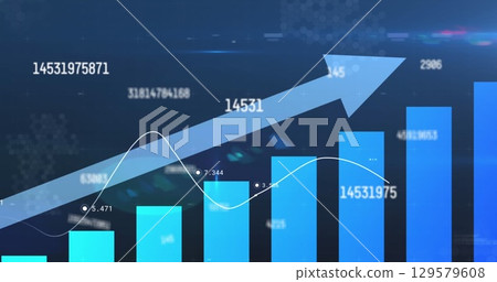 Image of multiple changing numbers and statistical data processing against blue background 129579608