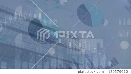 Image of financial data processing and statistics over cityscape 129579610