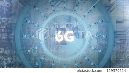 Image of 6g text over round scanner and spinning globe against empty computer server room 129579614