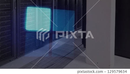 Image of flashing blue neon squares data loading, over computer server room Image of flashing blue neon squares data loading, over computer server room 129579634