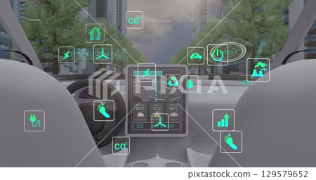 Image of icons and data processing over car interior 129579652