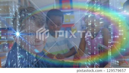 Image of moving columns and light trails over diverse schoolchildren Image of moving columns and light trails over diverse schoolchildren 129579657