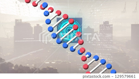 Image of scope scanning with data processing and dna strand over cityscape Image of scope scanning with data processing and dna strand over cityscape 129579661