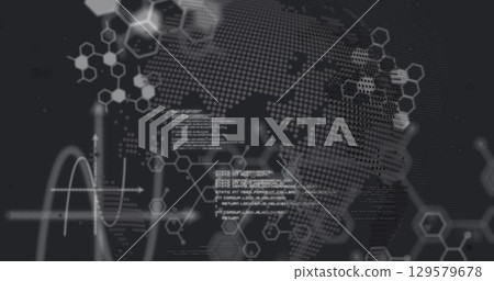 Image of globe with data processing over molecules on black background 129579678