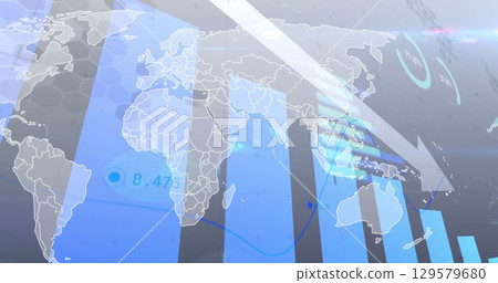 Image of financial data processing with graph over world map on grey background 129579680