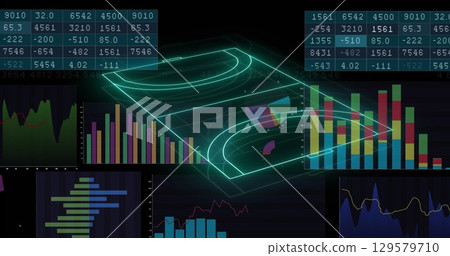 Image of computer graphic 3d neon soccer field over data, graphs, charts on digital interface Image of computer graphic 3d neon soccer field over data, graphs, charts on digital interface 129579710