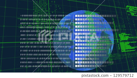 Semitransparent Earth showing binary streams and blocks in digital space, with green grid and code Semitransparent Earth showing binary streams and blocks in digital space, with green grid and code 129579712