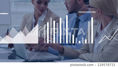 Image of globe, graphs and data processing over male and female colleagues in office meeting Image of globe, graphs and data processing over male and female colleagues in office meeting 129579715