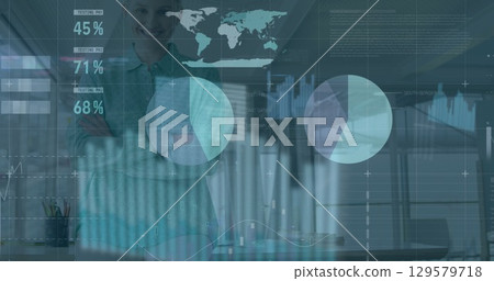 Image of data processing over caucasian businesswoman 129579718