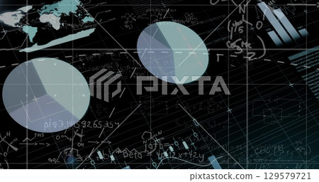 Image of data processing with mathematical equations on black background 129579721
