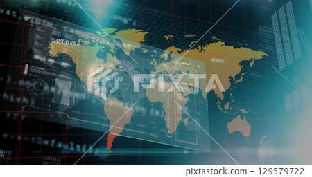 Image of data processing with world map on black background 129579722
