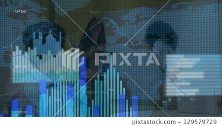 Image of financial data processing over businessman using basketball player 129579729