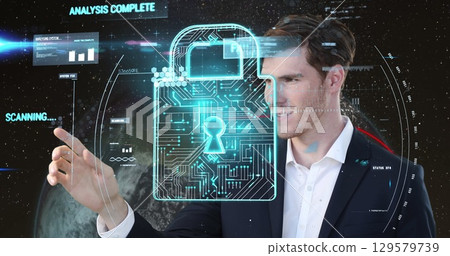 Image of data processing over caucasian man and moon 129579739